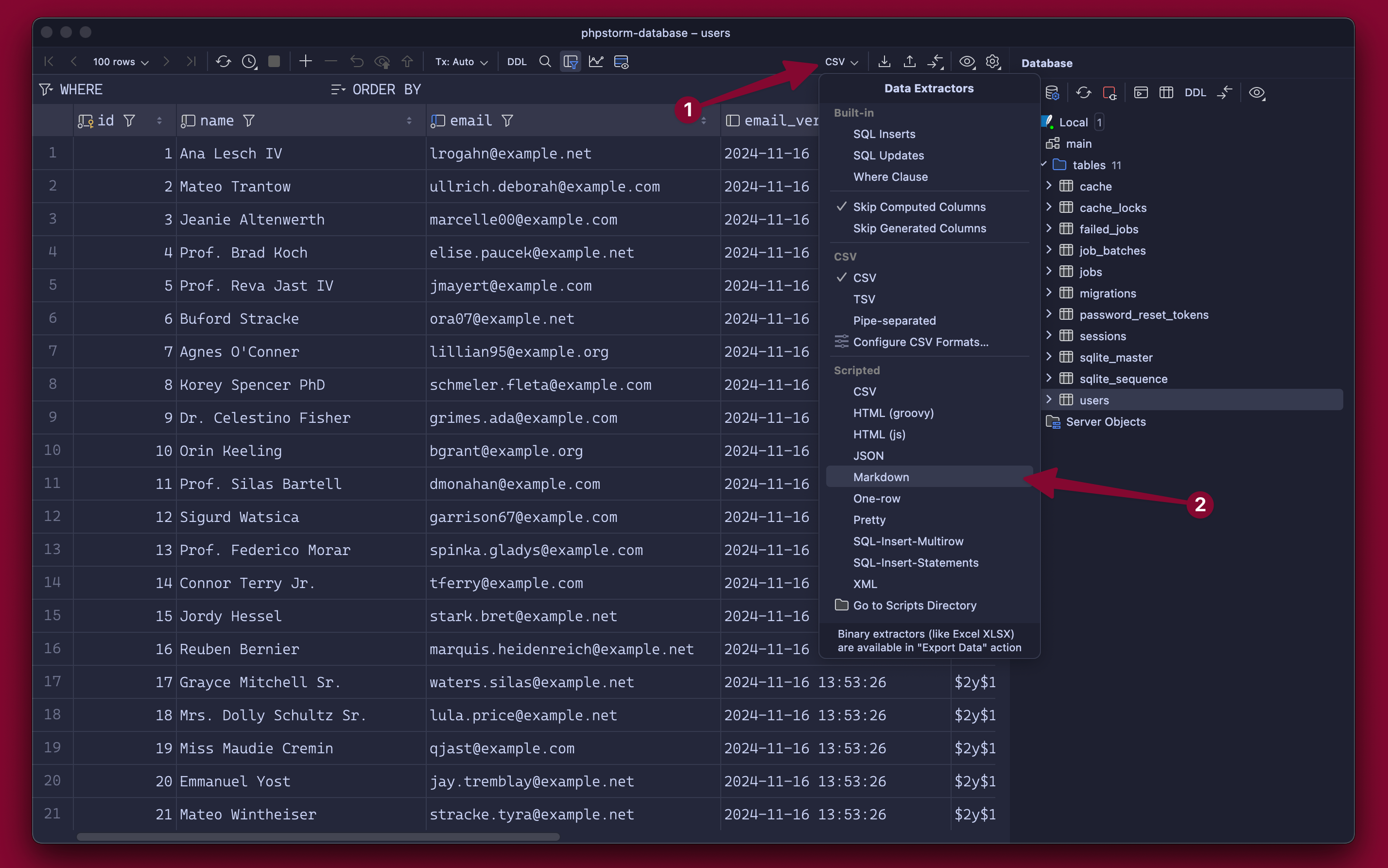 PhpStorm database data extractors