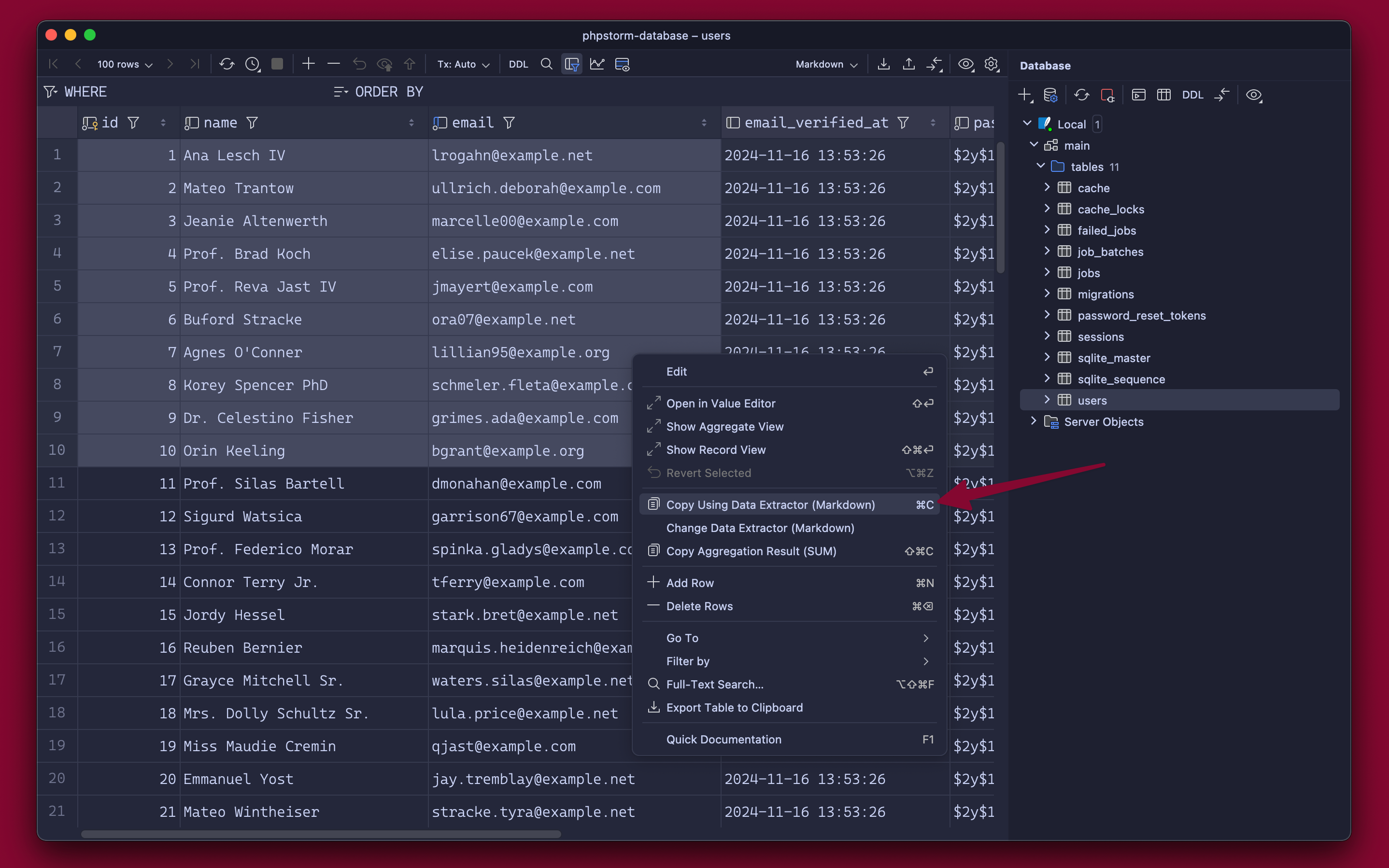 Copying data from PhpStorm database