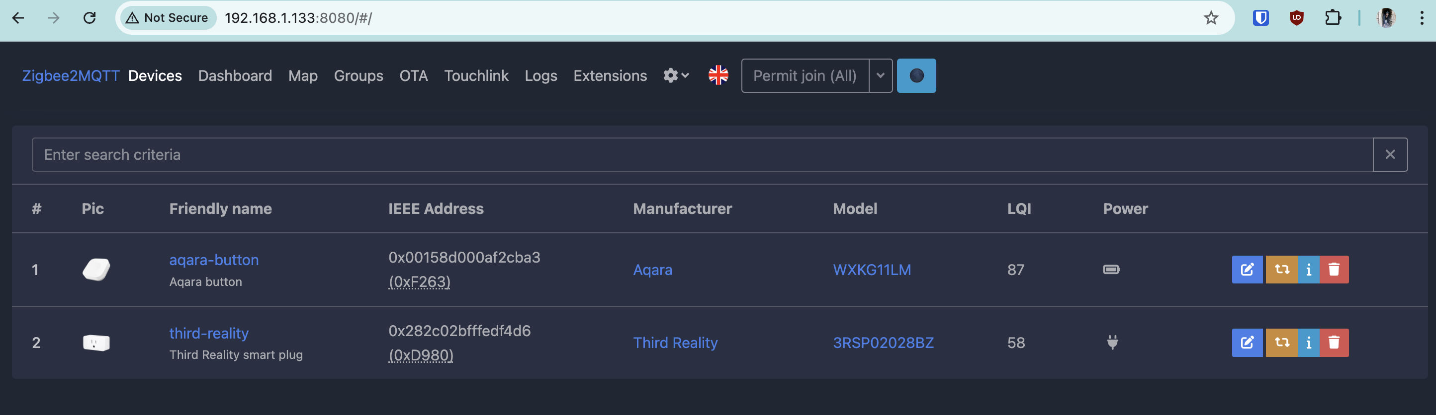 Aqara button and Third Reality smart plug in the Zigbee2MQTT frontend