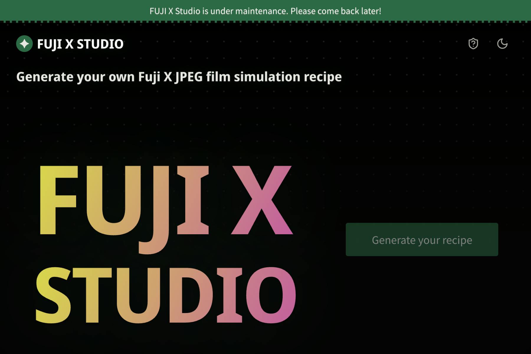 Fuji X Studio landing page showcasing maintenance mode