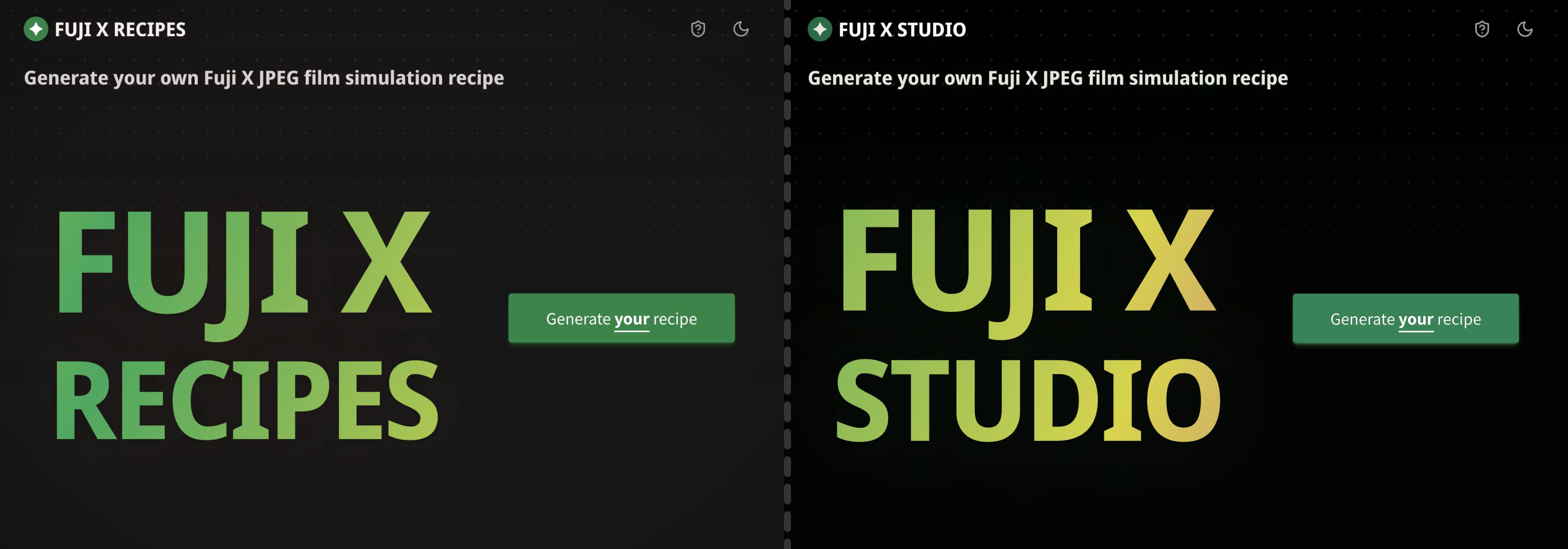 Fuji X Studio landing page in dark theme - before/after Unicornix updates