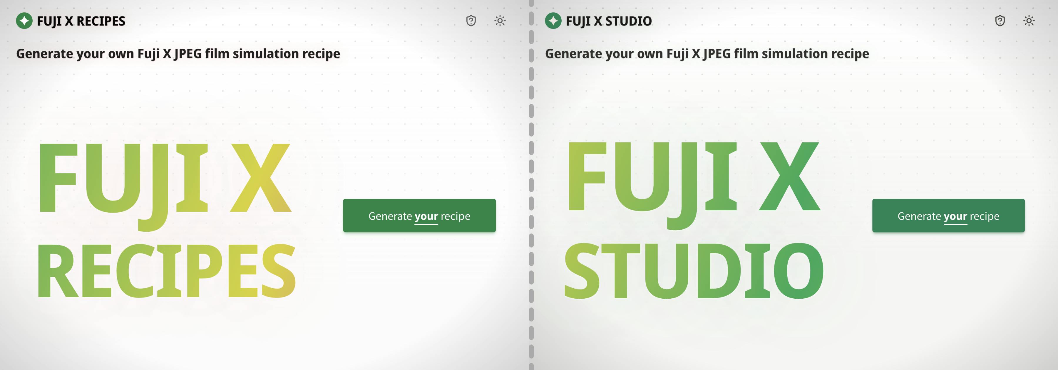 Fuji X Studio landing page in light theme - before/after Unicornix updates