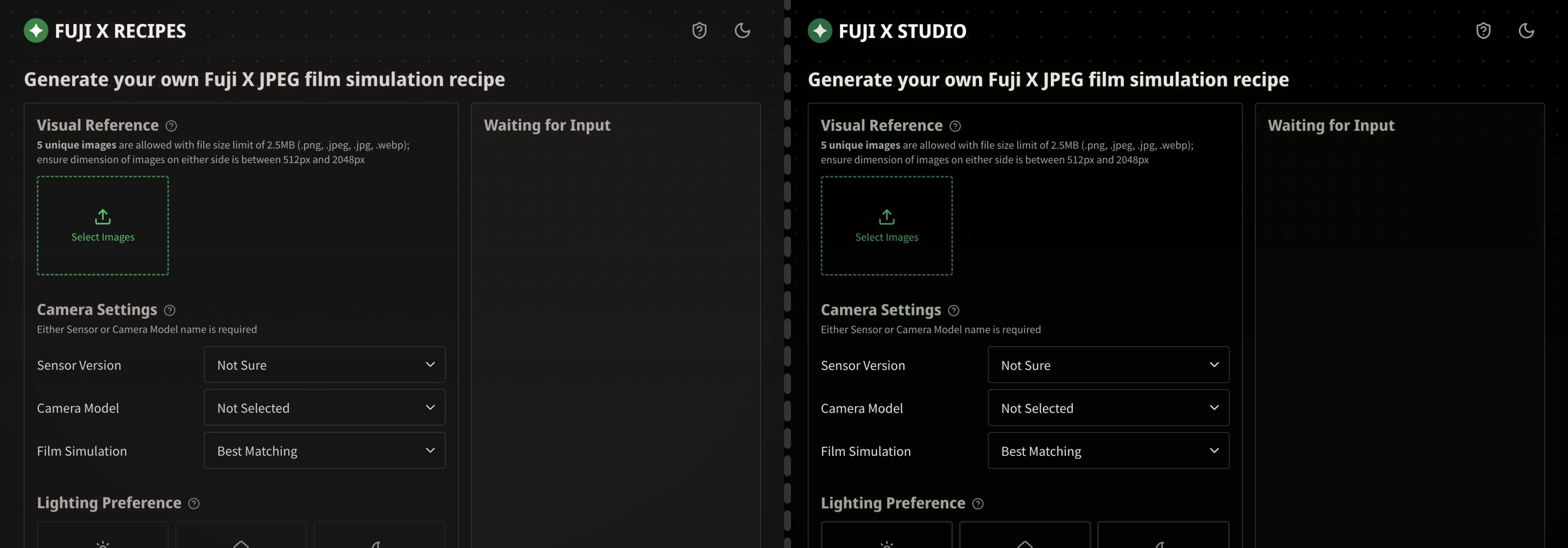 Fuji X Studio recipe page in dark theme - before/after Unicornix updates