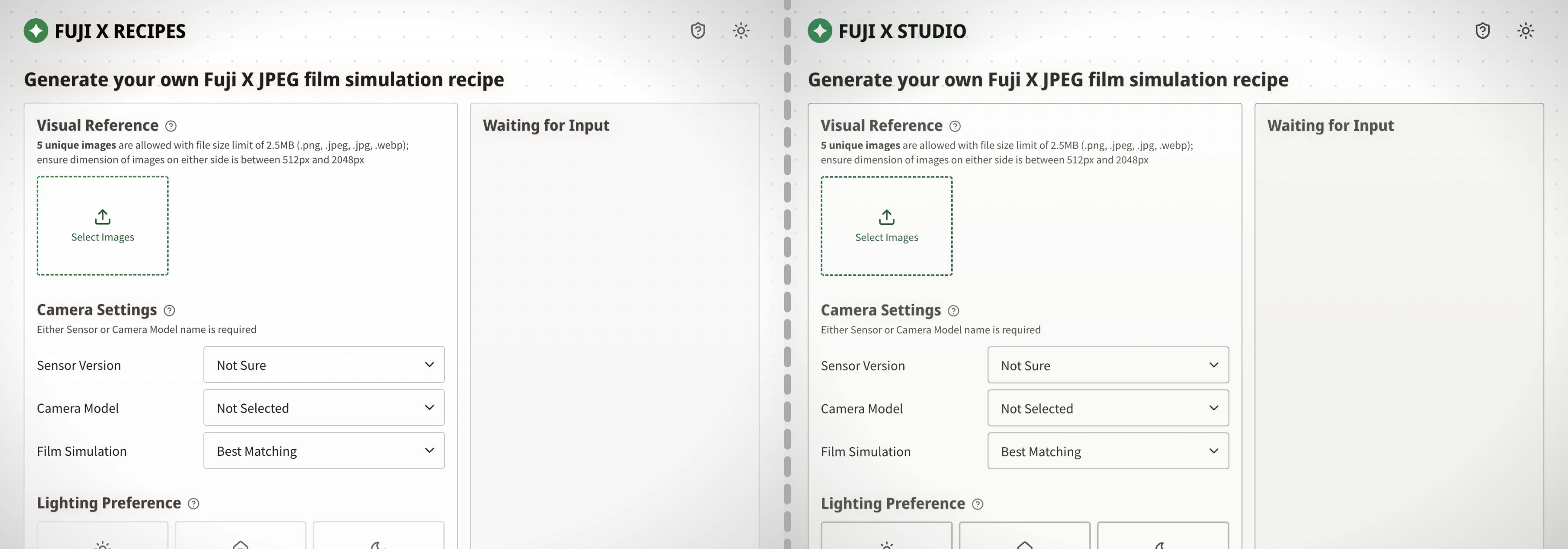 Fuji X Studio recipe page in light theme - before/after Unicornix updates