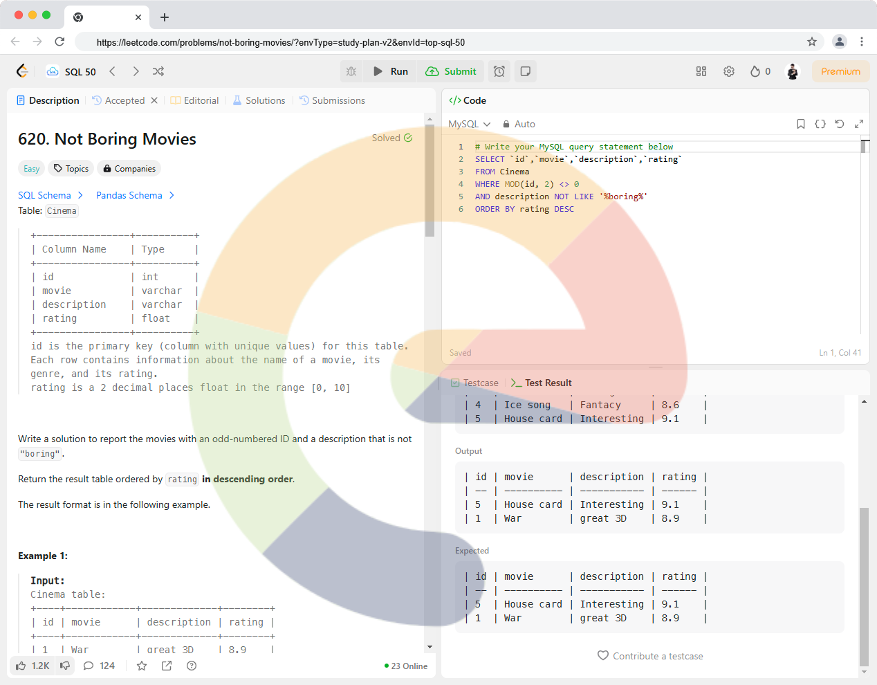 [SQL] 620. Not Boring Movies