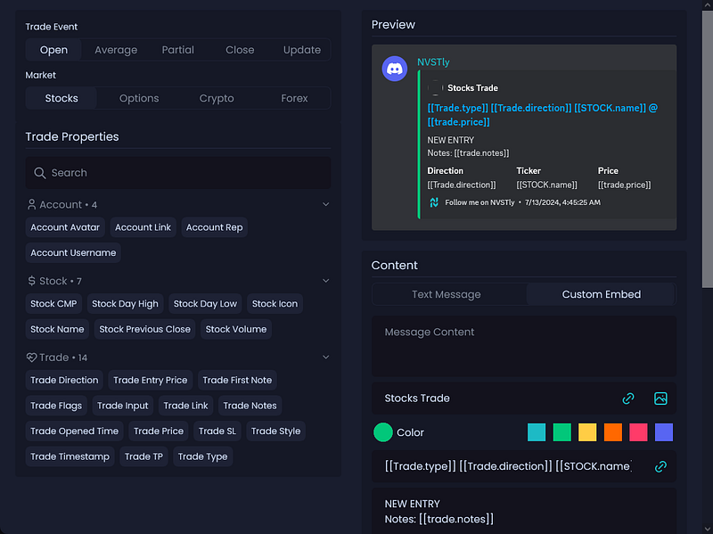 NVSTly Customize Message or Embed Trade Data Content