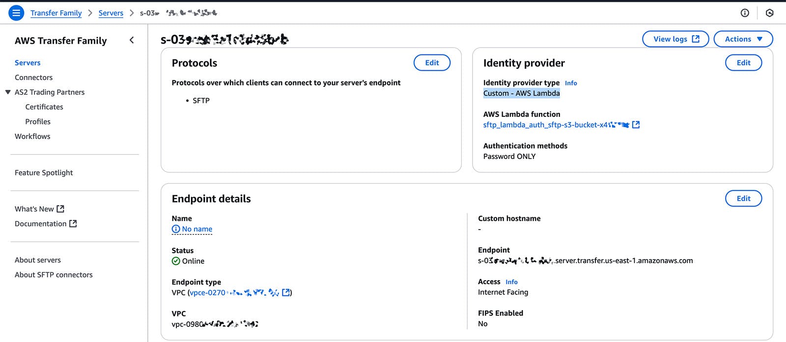 AWS Console page for AWS Transfer Family SFTP server