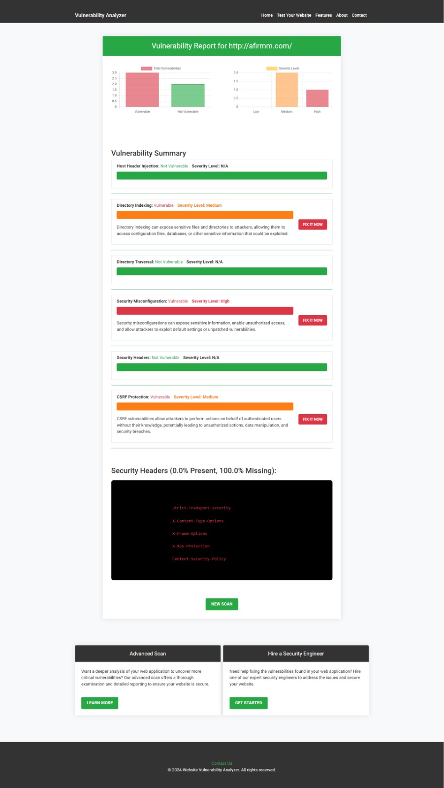 Example of a vulnerability assessment report generated with our free tool, providing insights into possible vulnerabilities