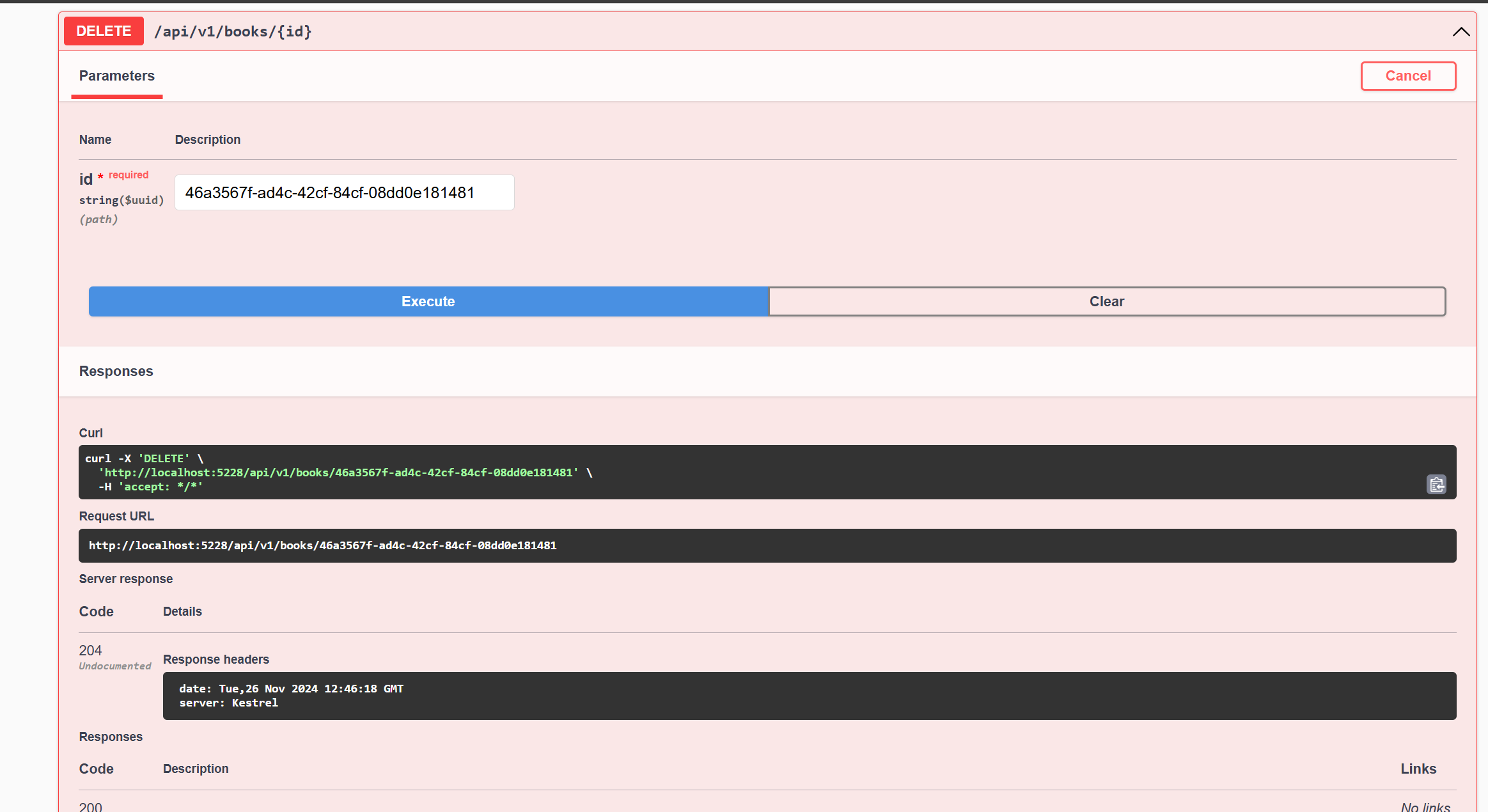 Delete Book Endpoint Swagger UI 