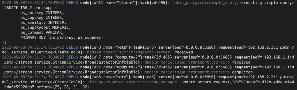 Figure: We can trace the execution process of an SQL command on multiple nodes through the RPC logs of the simulator.