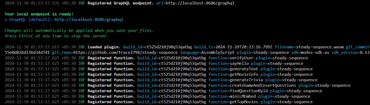 Modus dev server successfully running