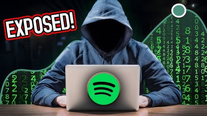 A person wearing a hoodie sits at a laptop with a Spotify logo on the screen. The background features green binary code, and the word "EXPOSED!" is written in bold red letters.