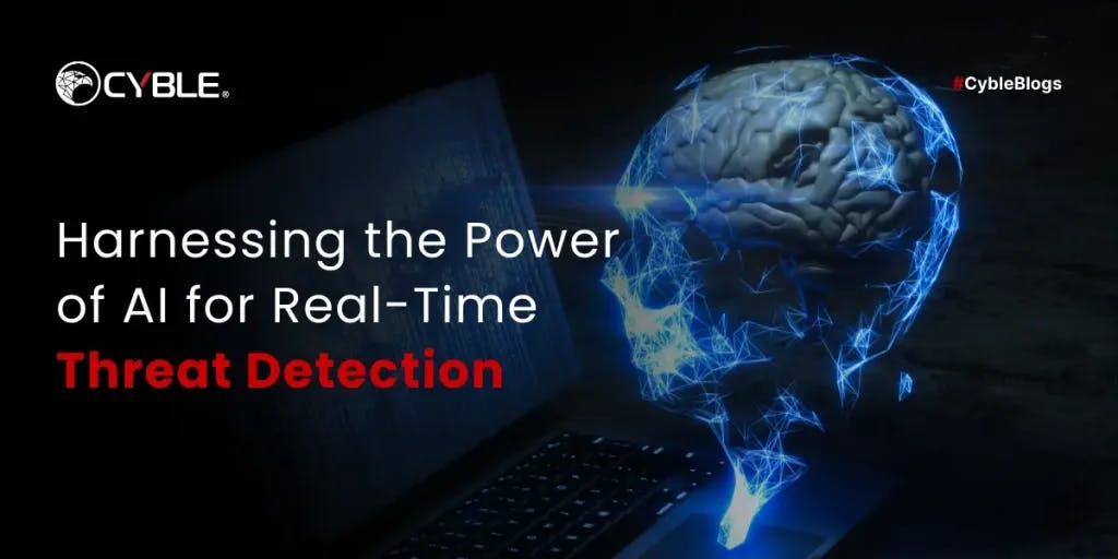 Digital illustration of a human brain connected to a laptop, with the text "Harnessing the Power of AI for Real-Time Threat Detection" and the Cyble logo.