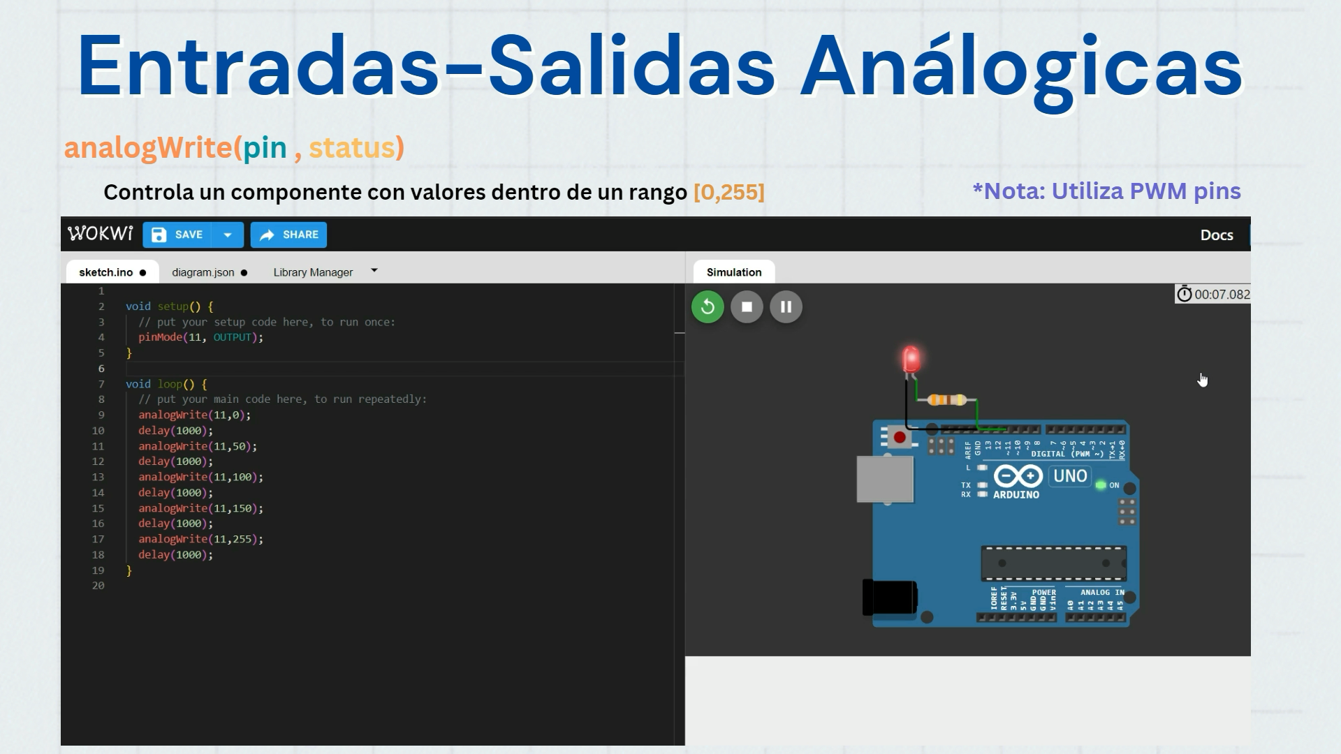 A course slide, showing analog input and output in an Arduino simulator.