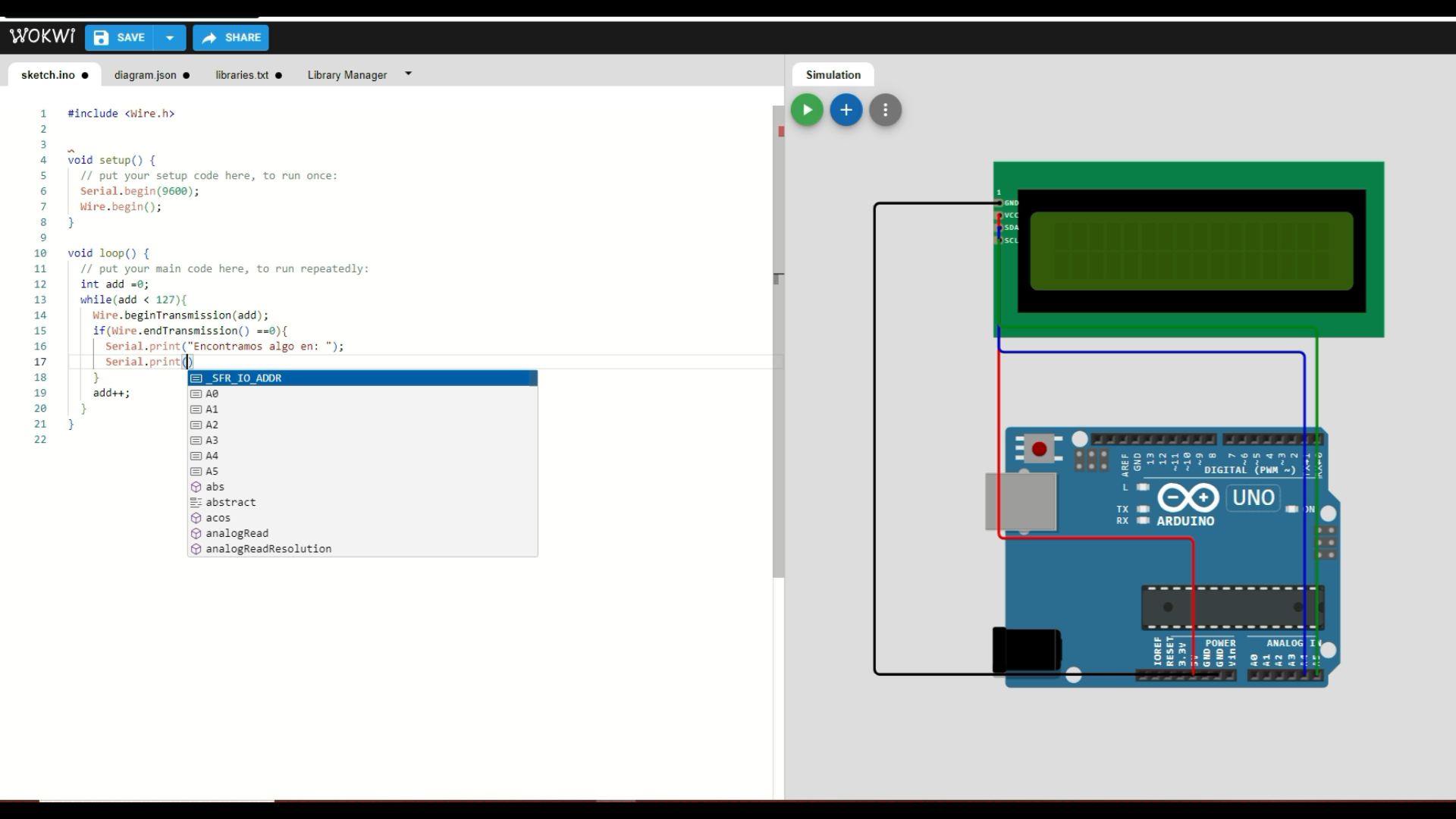 A course screenshot, showing an Arduino simulator with code on the left and the board on the right.