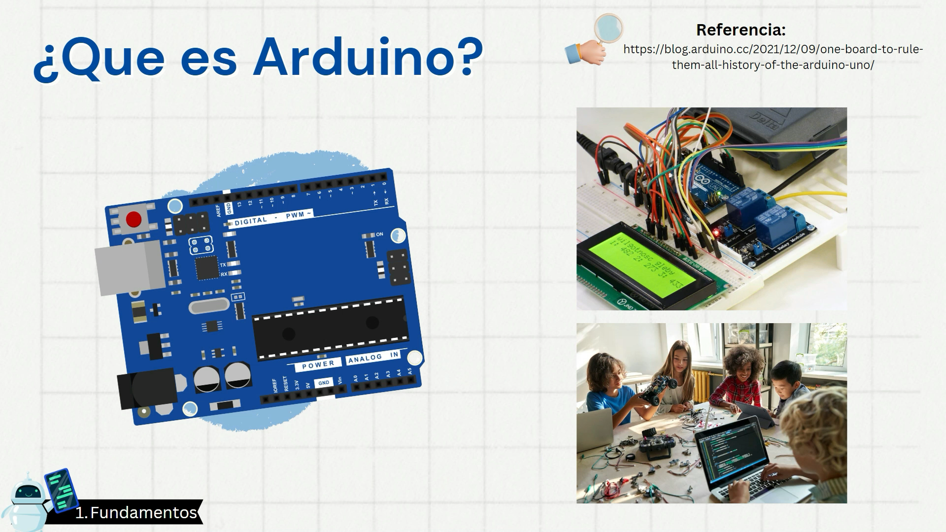 A course slide, showing an Arduino board and two images related to electronics.