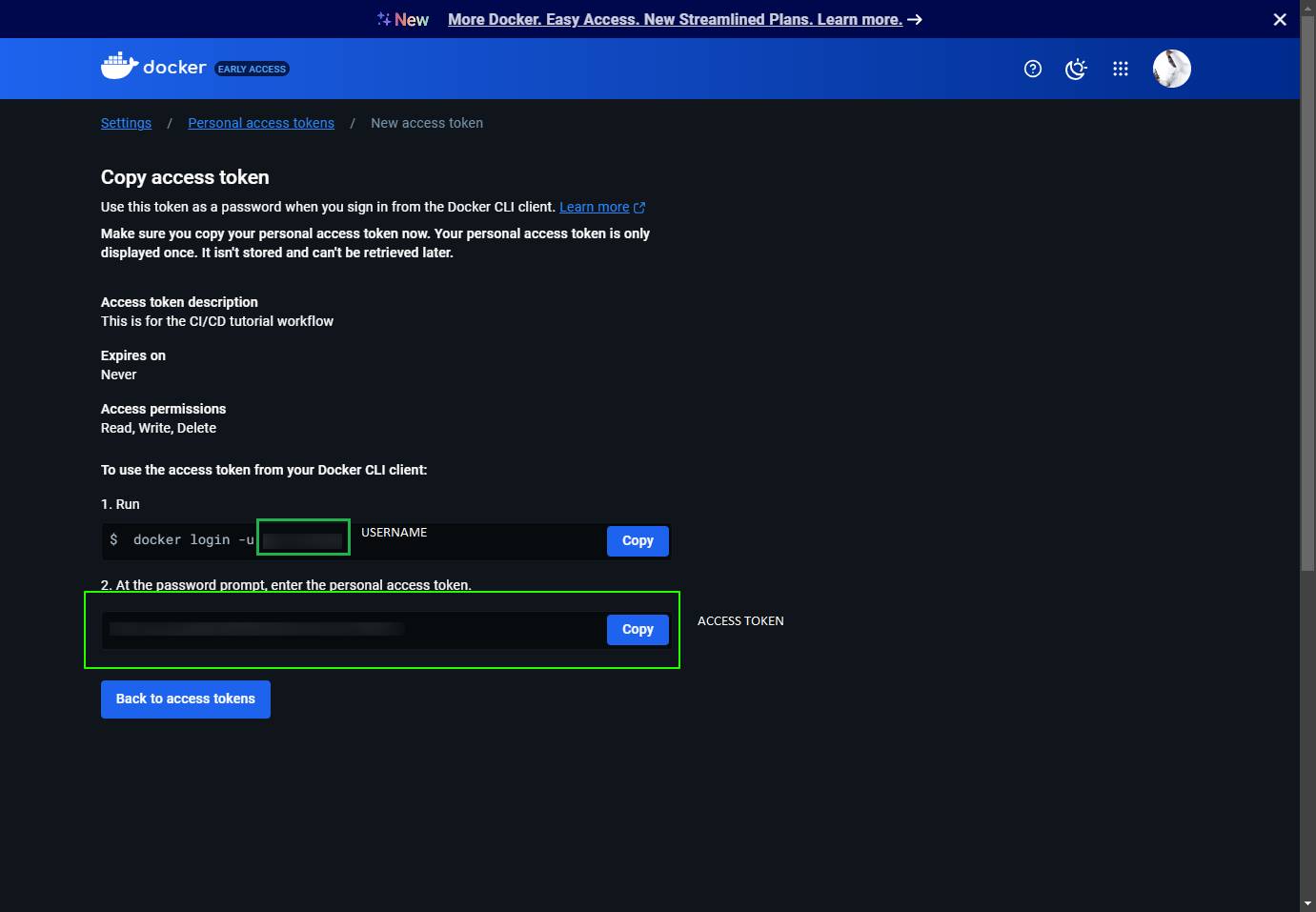 Copy Docker username + access token