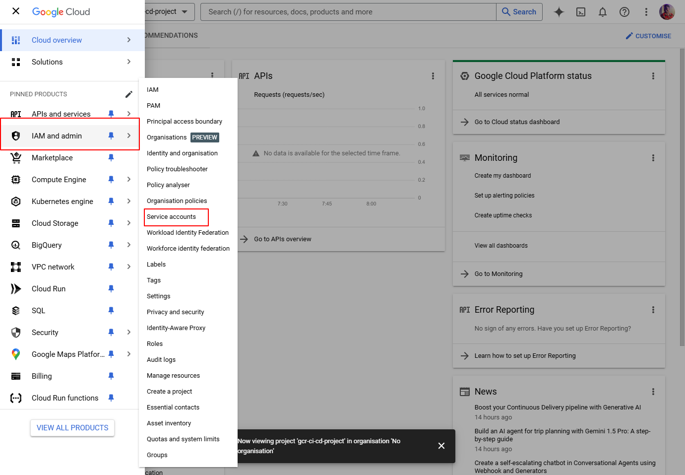 Navigate to Google Cloud IAM - Service Account