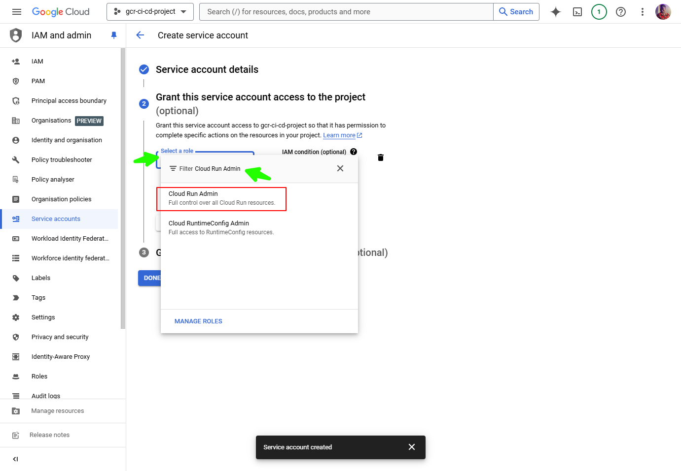 Create Google Cloud Service Account - Add role to a service account during creation