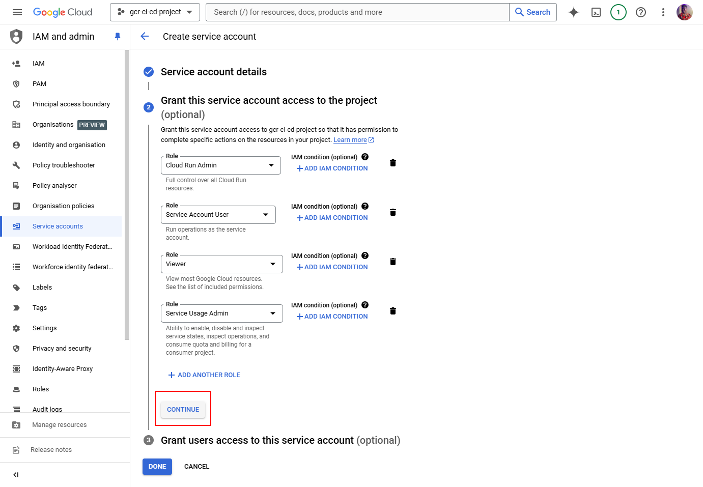 Create a Google Cloud service account (SA) - Done assigning all roles to SA