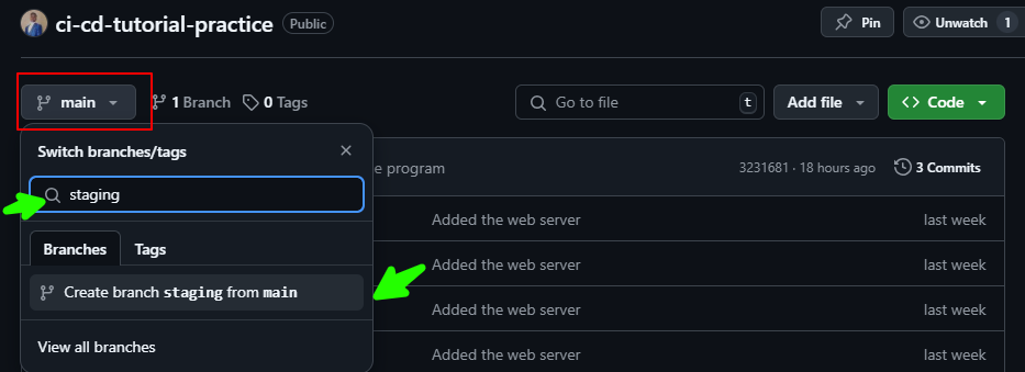 Create a new Staging branch in the GitHub repository