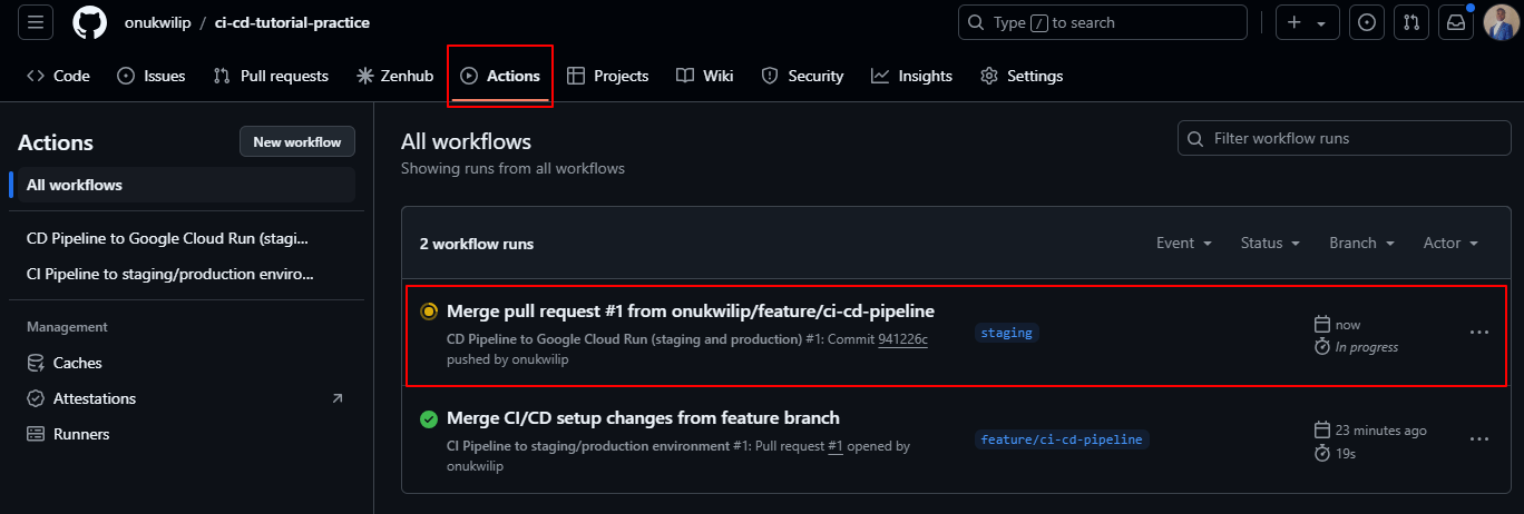 Continuous Delivery workflow from merge to staging (feature to staging)