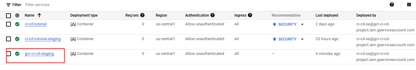 Google Cloud Run service for the staging environment