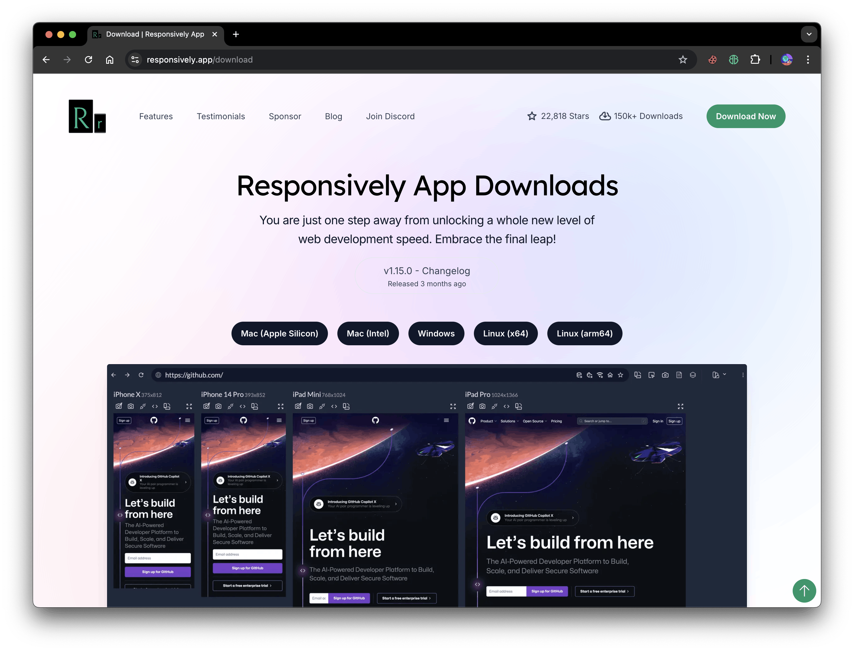 A screenshot of Responsively App’s homepage showing the download options.