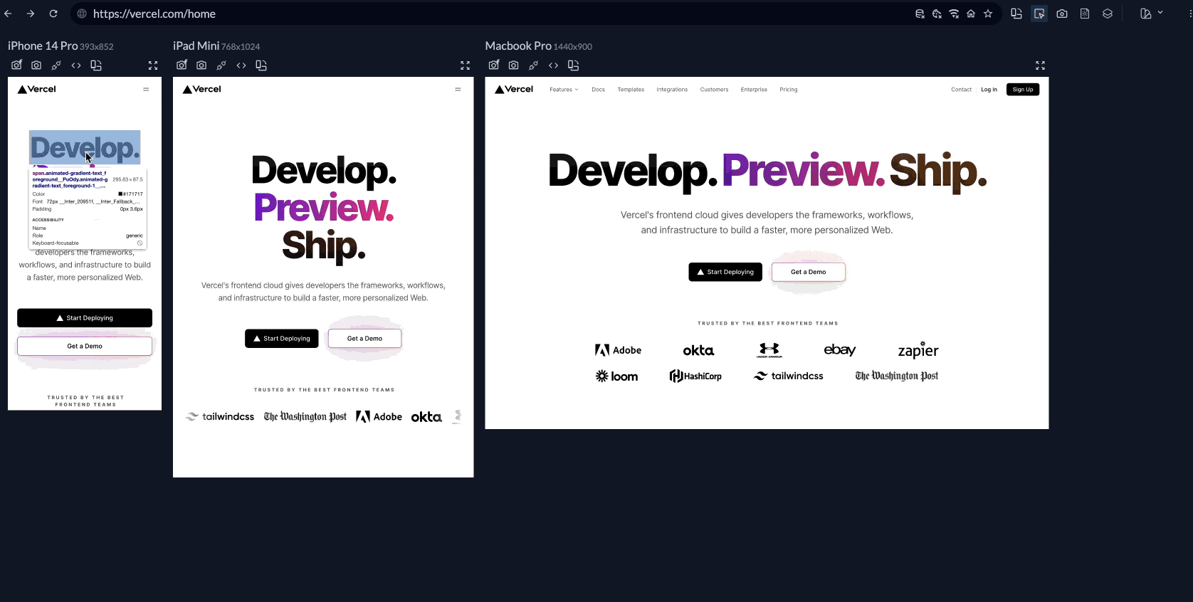 A close-up of the responsive inspector highlighting layout issues.