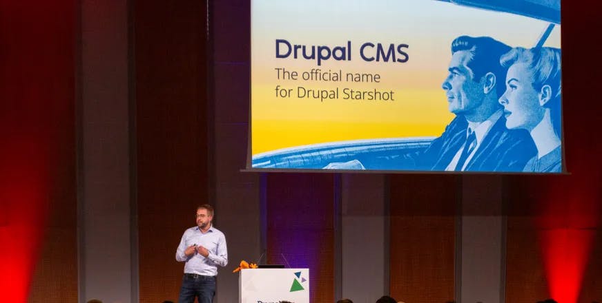 Dries Buytaert during his Driesnote in DrupalCon Barcelona 2024, talking about Drupal CMS