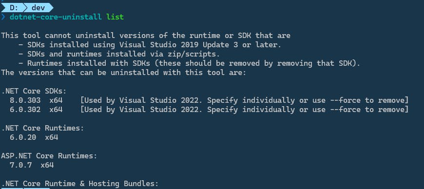 Command line interface displaying a tool for uninstalling specific versions of .NET Core SDKs, Runtimes, and Hosting Bundles, with a list of available versions that can be uninstalled.