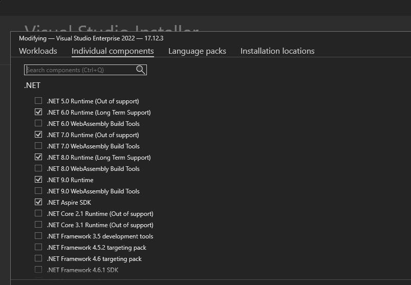 The image shows the Visual Studio Installer interface, focusing on the "Individual components" tab. Several .NET runtimes and SDKs are listed with checkboxes. Among them, .NET 6.0 Runtime (Long Term Support), .NET 7.0 Runtime, .NET 8.0 Runtime (Long Term Support), .NET 9.0 Runtime, and .NET Aspire SDK are checked. Some runtimes are marked as "Out of support."