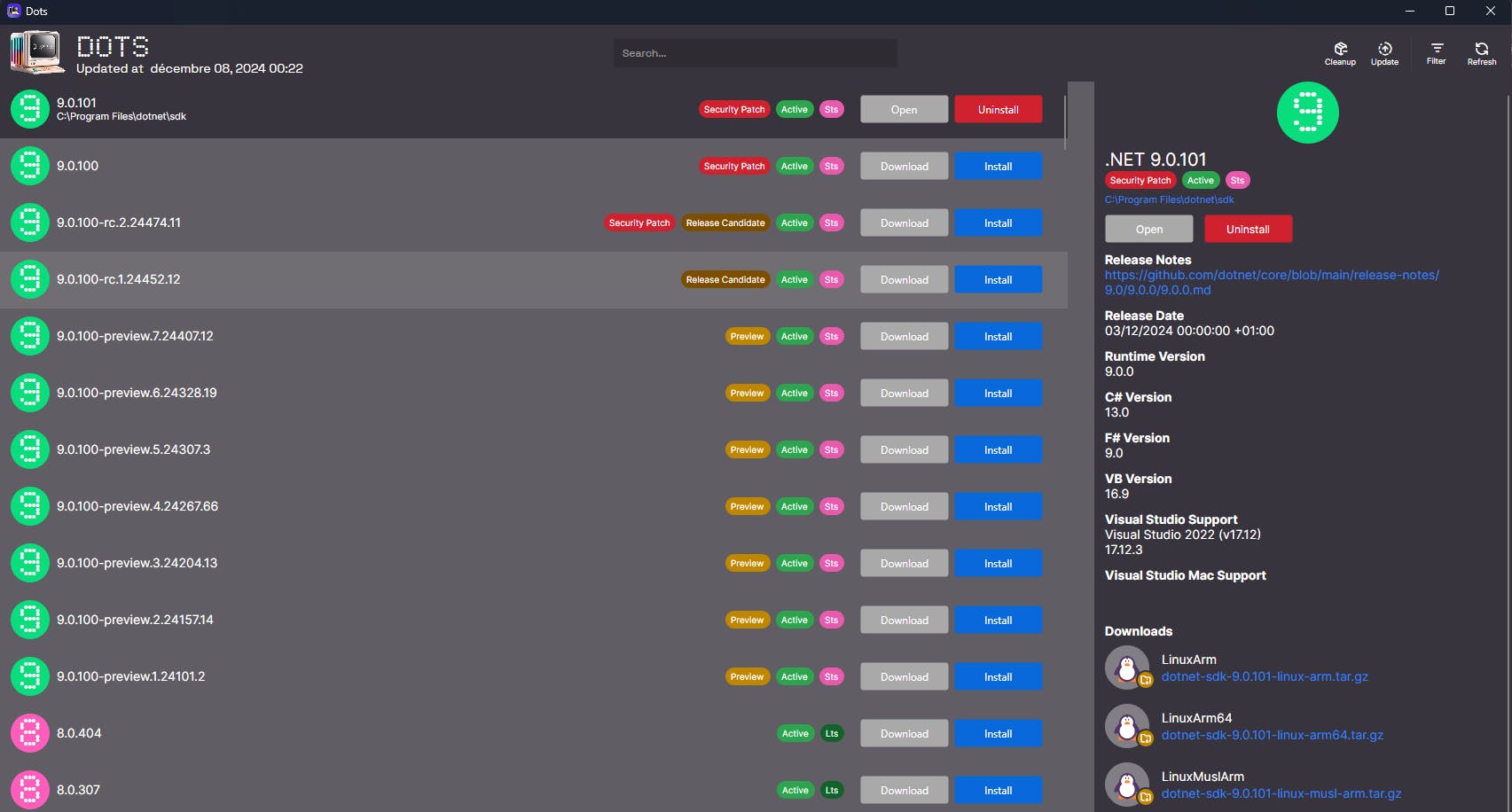 A software management interface displays various versions of .NET, including 9.0.101 and earlier previews. Each version has options to download, install, or uninstall. Details for version 9.0.101 include release notes, release date, and supported languages like C#. Download links for different Linux architectures are available.