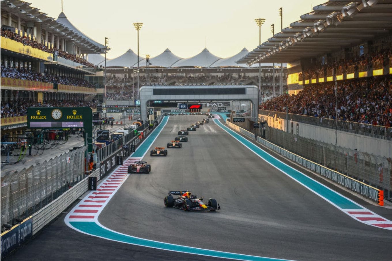 Max Verstappen of Red Bull Racing leads on a track after the start of Formula 1 Abu Dhabi Grand Prix at Yas Marina Circuit on November 26, 2023 in Abu Dhabi, United Arab Emirates. (Photo by Beata Zawrzel/NurPhoto via Getty Images)