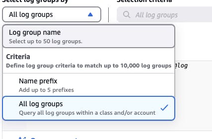 A dropdown menu for selecting log groups with options for "Log group name" and "Name prefix," along with a selected option for "All log groups."