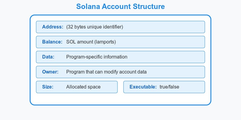 Diagram showing the fundamental structure of a Solana account. A blue-bordered rectangular container displays six key properties: Address (32 bytes), Balance (in SOL/lamports), Data (program-specific information), Owner (program that can modify data), Size (allocated space), and Executable flag (true/false). Each property is shown in a light blue box with bold labels.