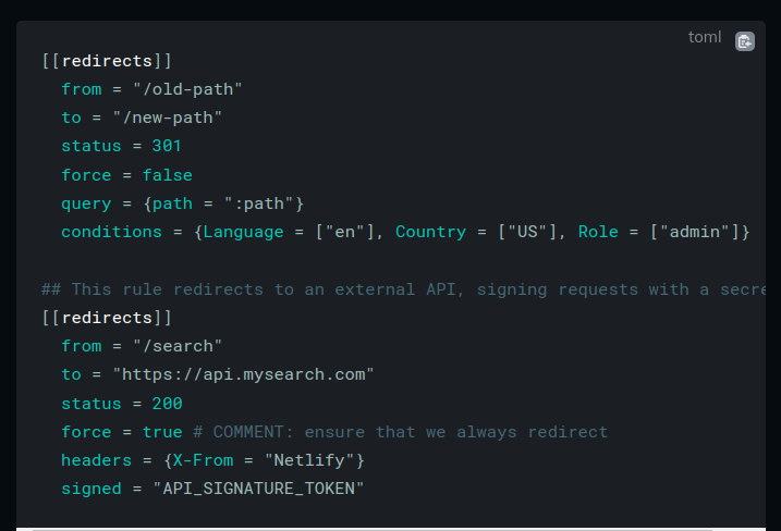 Sample netlify.toml file showing configuration