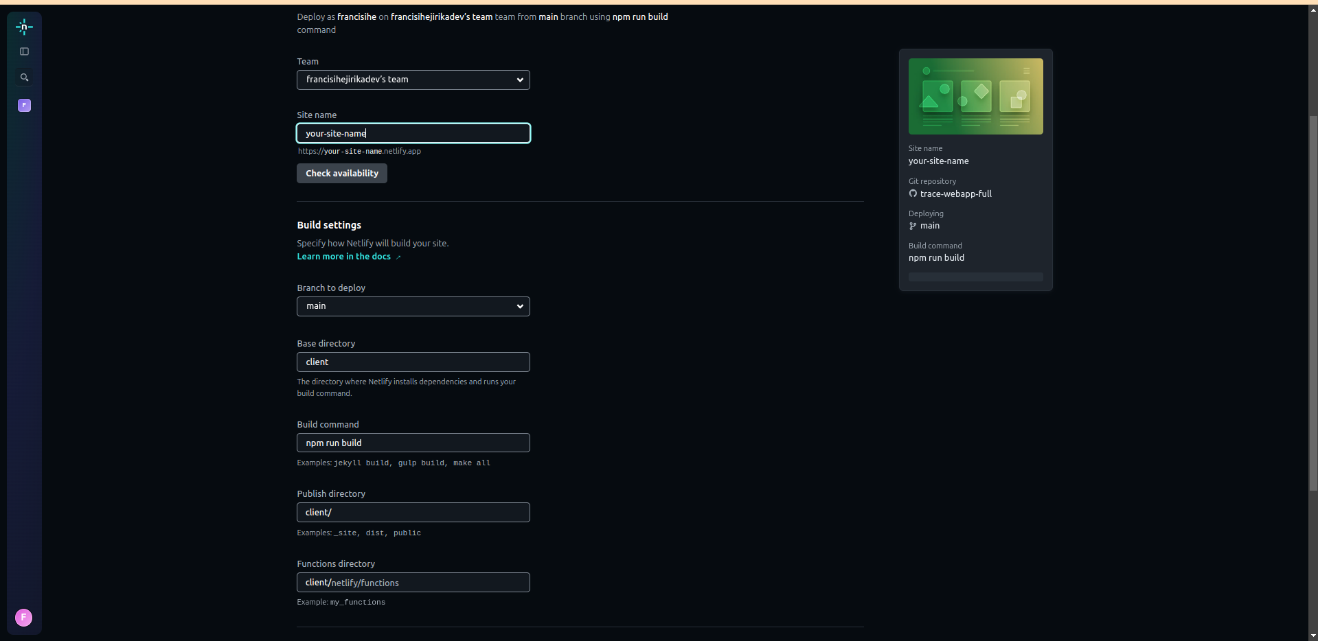 Netlify deployment screen showing optional project build settings