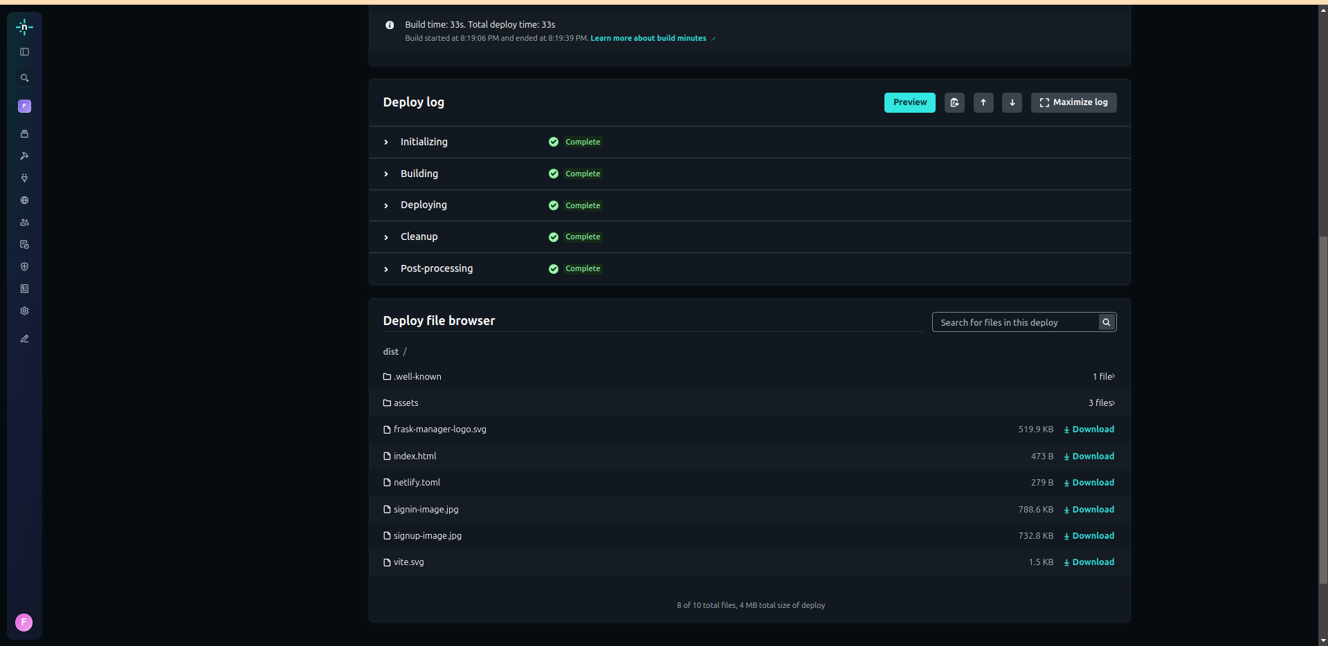 Netlify screen showing deploy log and static files after successful deployment