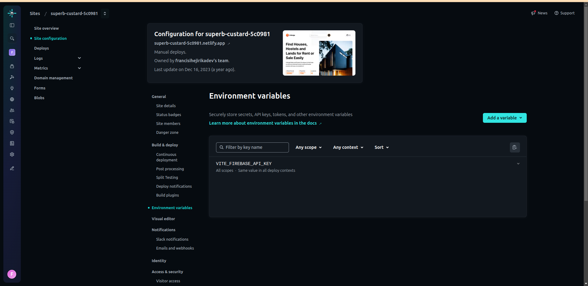 Netlify site configuration page of successfully deployed site, showing environment variables