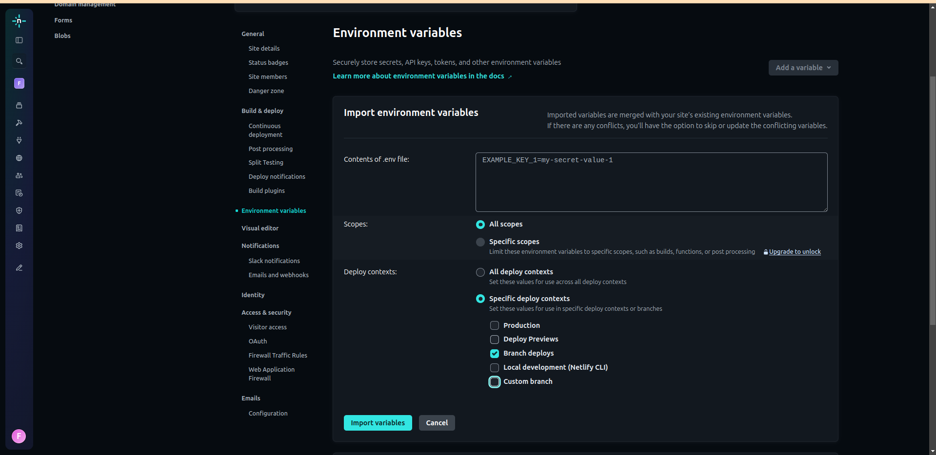 Environment variables screen with available contexts for deployment