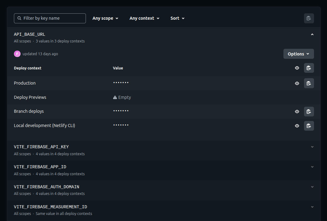 Environmental variables set for deployed web application