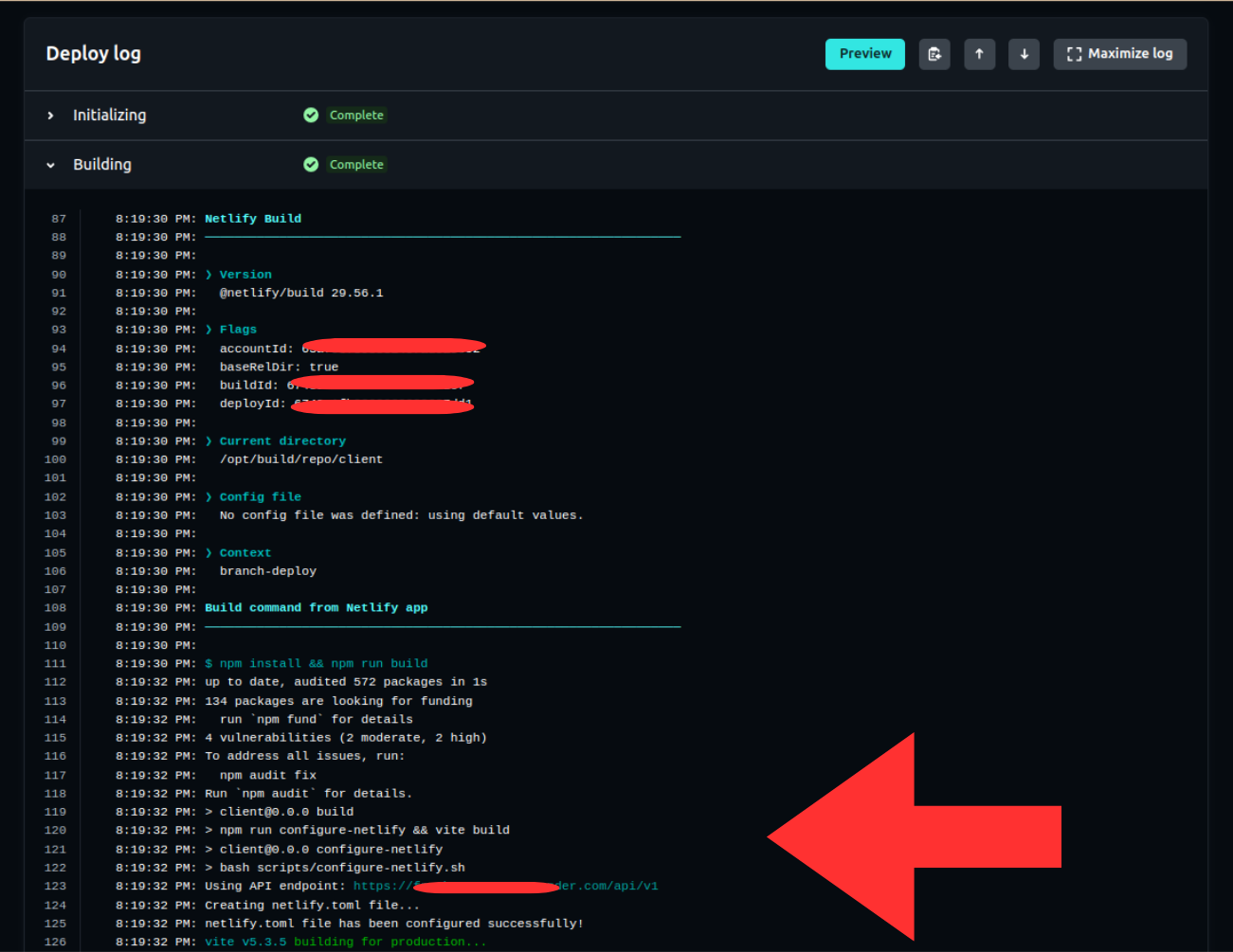 Deploy log for successfully deployed web application, showing values logged by automation script during build