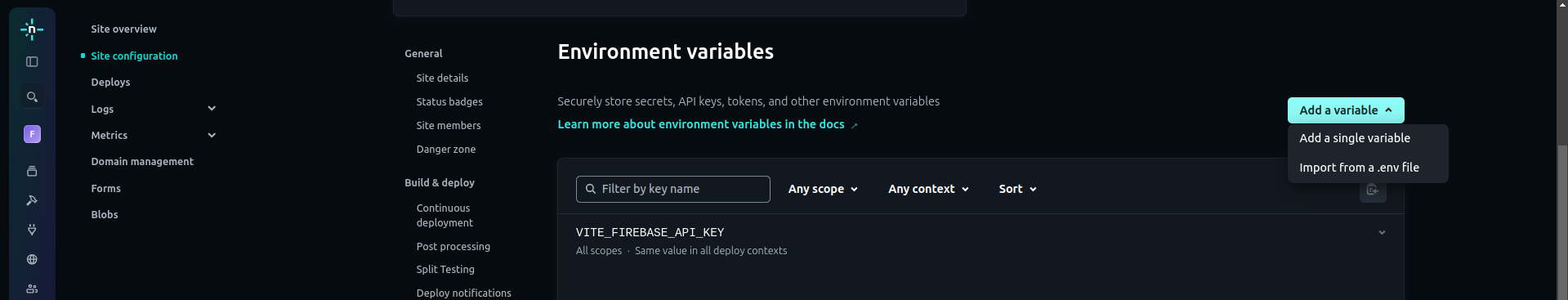 Environment variables screen showing options available to add a variable - using a single variable entry or multi entry from a .env file