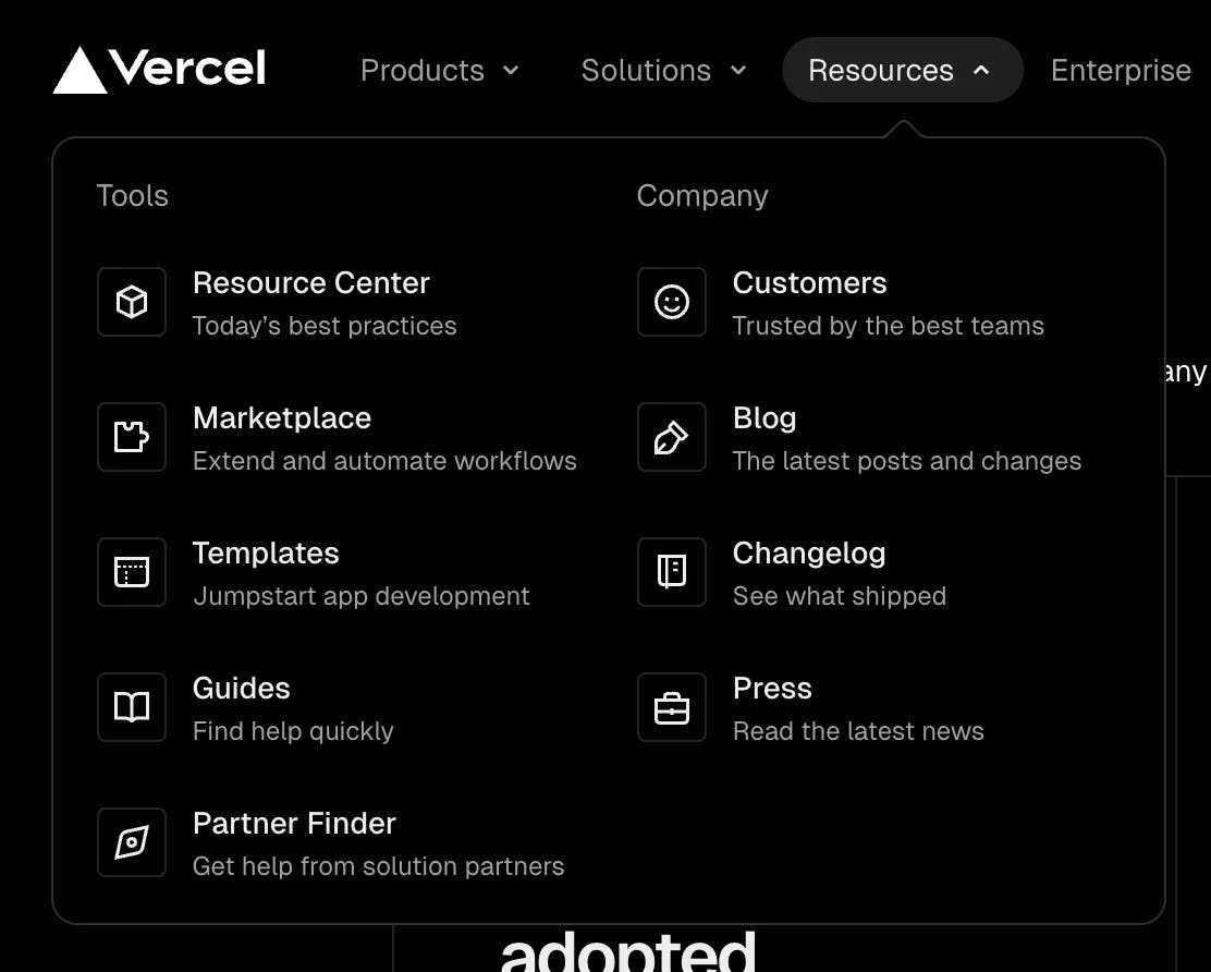 Expanded dropdown navigation bar from Vercel