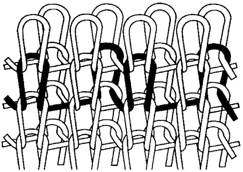 A black and white diagram of a knitted pattern, showing interlocking loops and stitches.