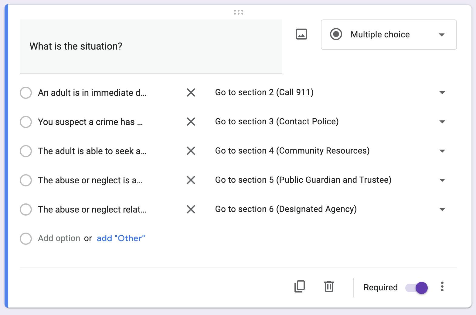 Google Forms interface showing the "Go to section X" selections for each question.