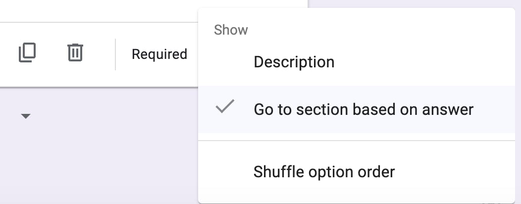 Image depicts "three dots" menu with "Go to section based on answer" checked