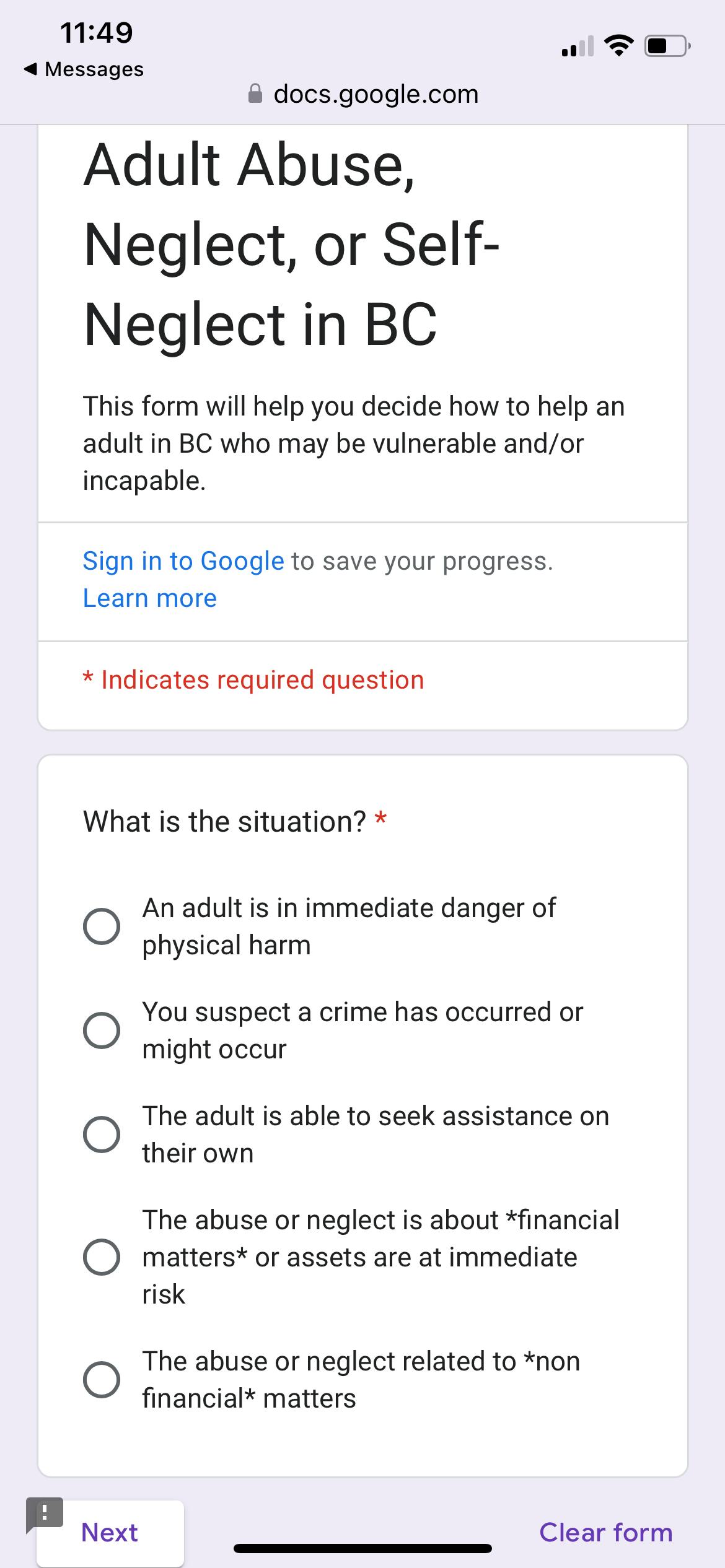 Google Forms "end user" interface, asks question: What is the situation? and user is presented with 6 options, for example "An adult is in immediate danger of physical harm"