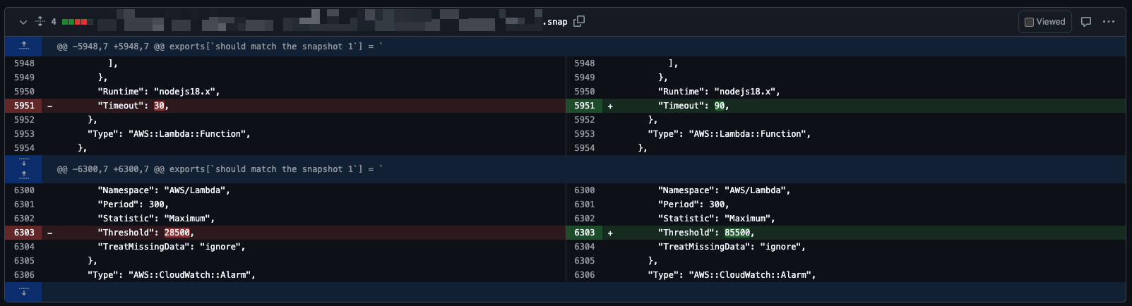 Screenshot from a GitHub pull request that shows a diff in an updated snapshot test file.